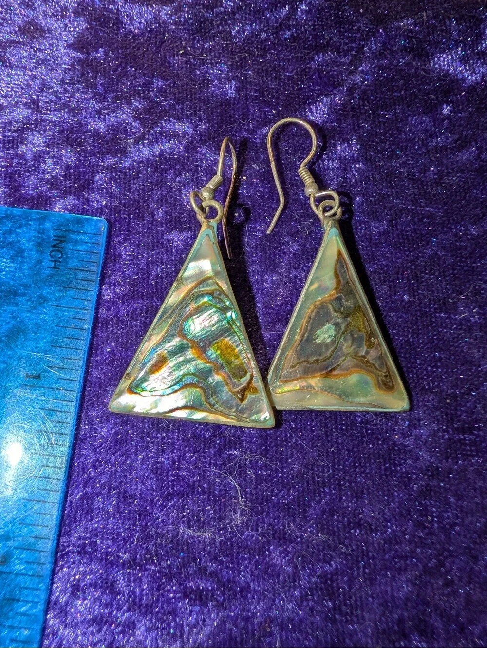 Vintage Alpaca Mexico Triangular Abalone Shell Dangle Earrings
